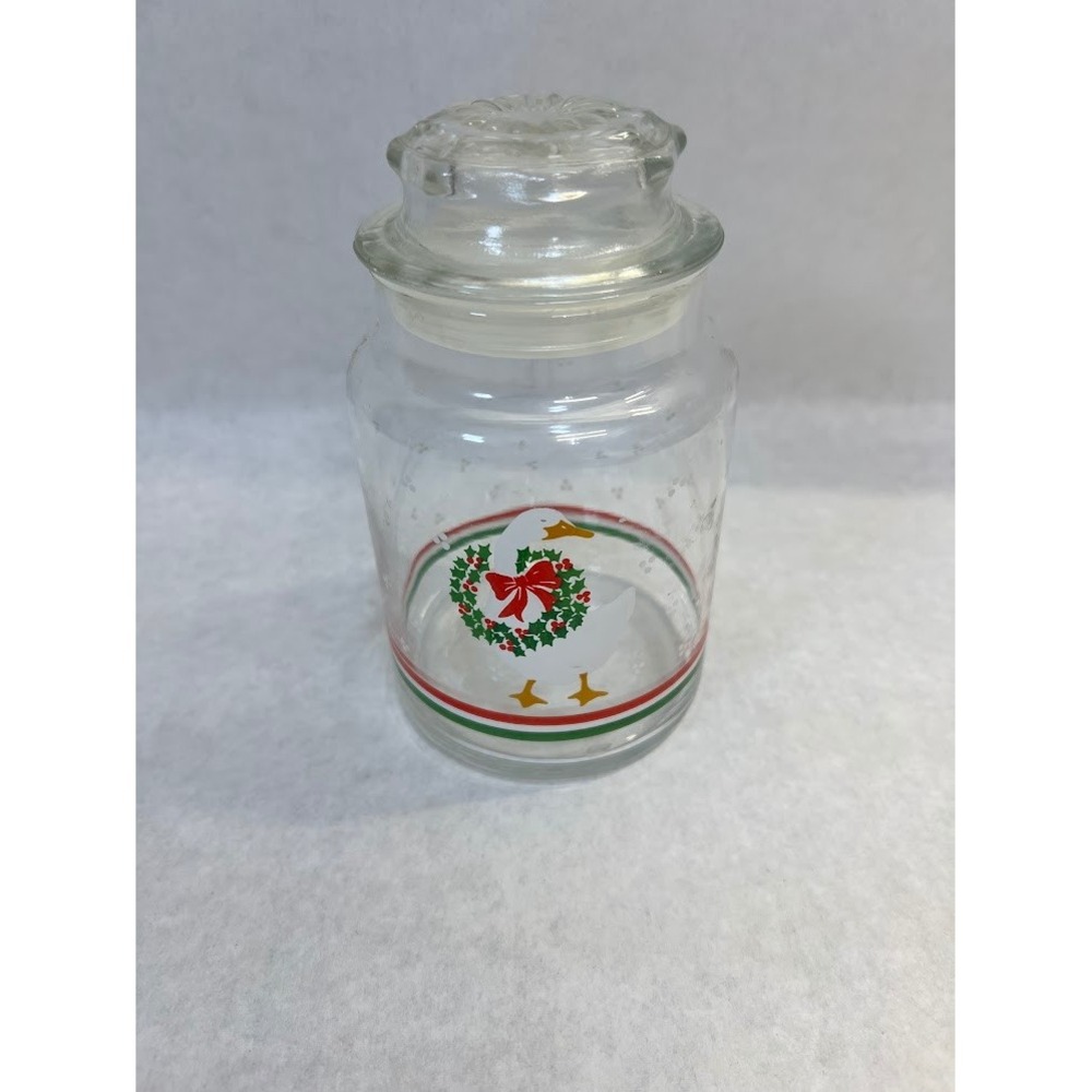 Vintage Christmas Goose Glass Canister Holiday Wreath Jar with Lid Farmhouse
